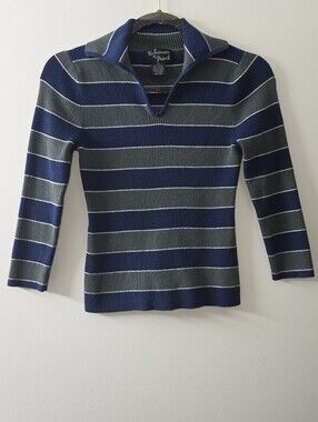 Y2K Retro Reference Point Navy And Green Striped Collared Knit Top Size M